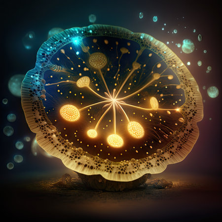 Magic mushroom glowing spores, computer networks generation bokeh background, ai generated illustration. Psilocybe or psychedelic fungi, toadstool fairytale mushroomの素材