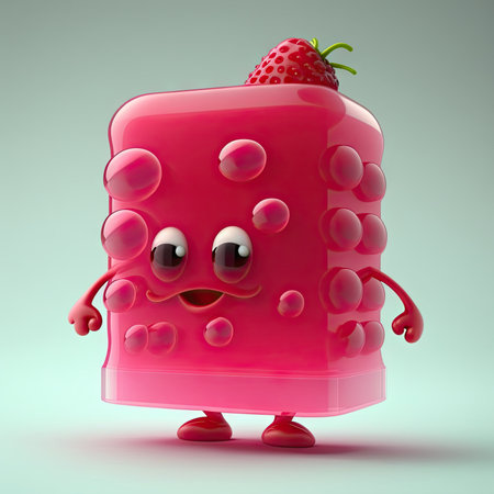 Ripe raspberry cartoon character, ai generated kids jelly personage with cute face, ai generated illustration. Raspberry with big eyes, summer fruit juicy food monster organic vitamin foodの素材