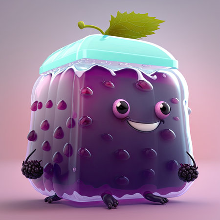 Ripe blackberry cartoon character. Kawaii fruit. Kids jelly personage illustration, ai generated image. Ripe dewberry with funny face, summer fruit. Juicy blackberry berry purple monsterの素材