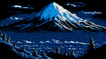 Fujiyama mountain landscape. Ai generated 8bit pixel game scene. Nostalgic pixelated background with majestic snowy summit under night cloudy sky with deep forest around, japanese 8-bit nature levelの素材