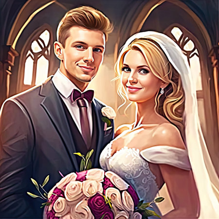 Wedding romance scene, portrait of happy newlywed spouse in wedding gown with bridal bouquet. Handsome man in tuxedo and woman in white dress and veil, romantic ai generated peopleの素材
