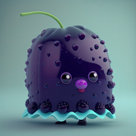 Kawaii fruit. Ripe blackberry cartoon character. Juicy blackberry berry purple monster. Kids jelly personage illustration, ai generated image. Ripe dewberry with funny face, summer fruitの素材