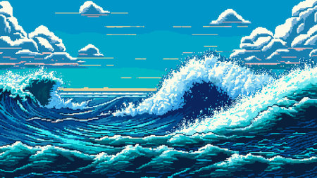 Sea storm waves landscape. AI generated 8 bit pixel game scene with ocean tsunami water surf.  seascape at sunny day with big waves, blue sky and clouds, arcade game sea storm backgroundの素材