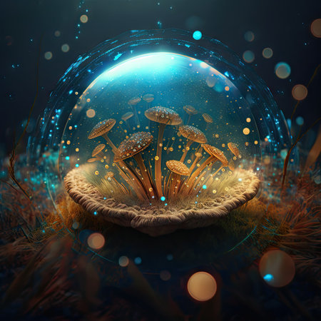Glowing psilocybe mushroom with spores, toadstool magic entheogen fungi. Psilocybin mushroom with blurred bubbles, neural networks psychedelic fungiの素材