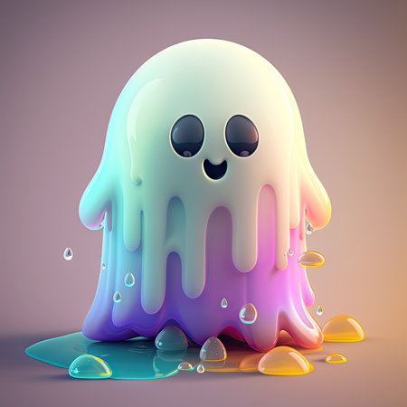 Flying bizarre scared funny ghost, comic baby boo with bubbles, jelly candy bubblegum ai generated illustration. Mysterious magic spirit with spooky face expression, cartoon characterの素材