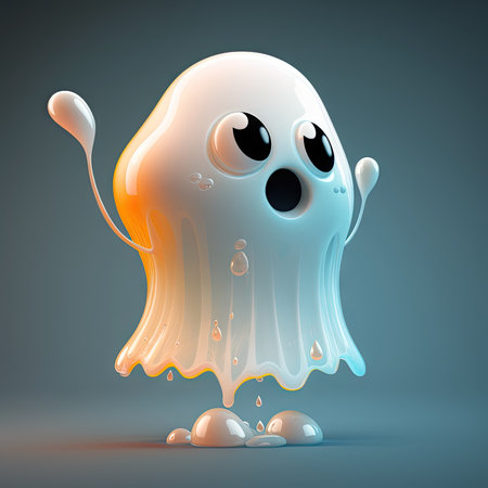 Funny ghost, cute creature or slime monster AI generated glossy character with hands. Scary melting jelly monster, spooky slime ghost or creepy liquid and glossy phantom comical 3d personageの素材