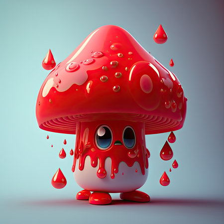 Cartoon mushroom character ai generated illustration. Funny game personage, bloody red fungi with sad face, poison mushroom cute emoticon, narcotic psychedelic edible fungusの素材