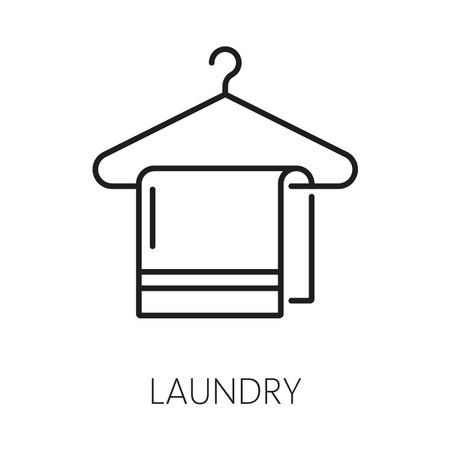 Towel hanging on hanger, hotel service icon. Vector clean textile fabric, laundry washing machine sign, clean beddingのイラスト素材
