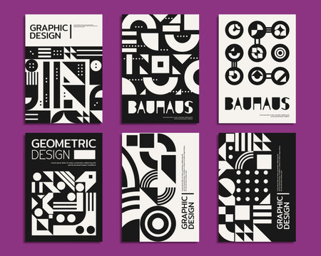 Monochrome abstract bauhaus posters, geometric pattern. Vector bold, minimalist, abstract black and white striking designs with clean lines, and contrasting shapes create impactful modern aestheticのイラスト素材