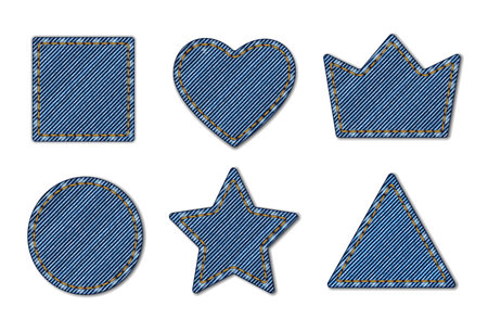 Denim texture shape, jeans patches of blue fabric with stitch, vector textile cloth labels. Denim jeans patches in square, heart, star or crown shape, round or triangle pocket frame with yellow threadのイラスト素材