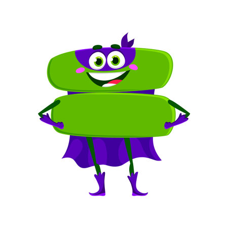 Cartoon math equals number superhero character. Isolated vector mathematics symbol. Funny and quirky school educational sign super hero in mask and cape with cute smiling face and arms akimboのイラスト素材