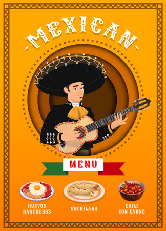 Mexican cuisine menu page with mariachi musician and food. Showcasing mouthwatering array of traditional dishes such as huevos rancheros, enchilada and chili con carne, bursting with authentic flavorsのイラスト素材