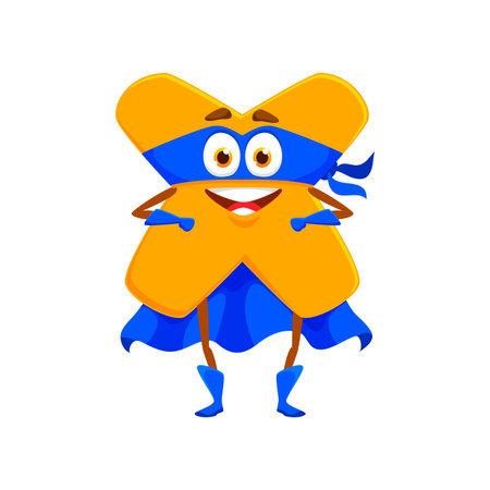 Cartoon math multiplication sign number superhero character. Isolated vector mathematics and arithmetic sign for equations. Personage with big eyes and happy smile, wear defender cape and maskのイラスト素材