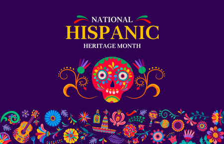 National hispanic heritage month festival banner with calavera skull and tropical flowers. Vector background for celebrating the rich cultural heritage of the hispanic community