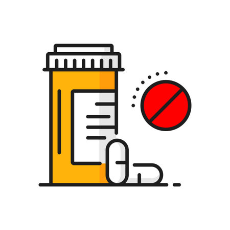 Medicines or antibiotics allergy color line icon. Medication allergy reaction caution outline vector icon. Drugs or pharmaceutical component intolerance pictogram with medicines pills containerのイラスト素材