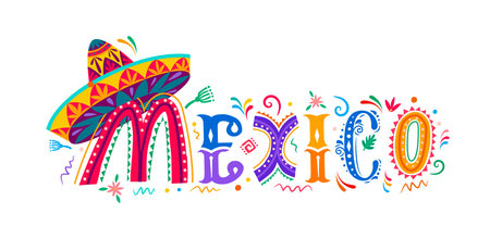 Mexico typography, mexican holiday banner. Isolated vector colorful lettering with traditional sombrero hat. Word with alebrije style floral pattern capturing the essence of latin cultureのイラスト素材