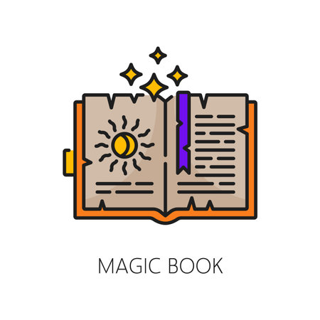 Spell book witchcraft and magic icon. Enchanting open volume vector sign symbolizing ancient knowledge and mystical power. Sacred tool for wizards or witches, unlocking secrets or casting enchantmentsのイラスト素材