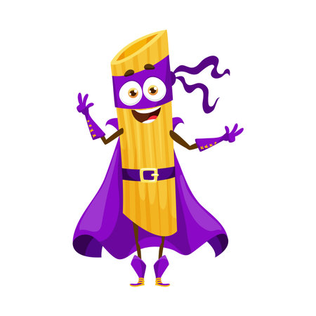 Cartoon sedani rigati italian pasta food superhero character. Isolated vector fun-loving super hero personage bringing smiles and laughter to kids with its noodle-like appearance and adventuresのイラスト素材