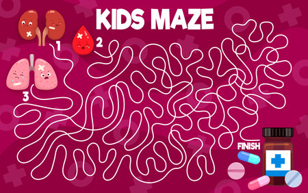 Labyrinth maze game, help to sick body organ characters find medicine, vector puzzle game. Cartoon sick lungs with blood and kidney to find way to medication pills in medical labyrinth maze for kidsのイラスト素材