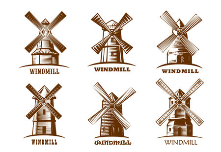 Windmill buildings icon or symbol. Europe travel agency emblem with rural windmills, wheat farm countryside engraved building, old mill sketch vector icon. Organic food grocery store or market signのイラスト素材