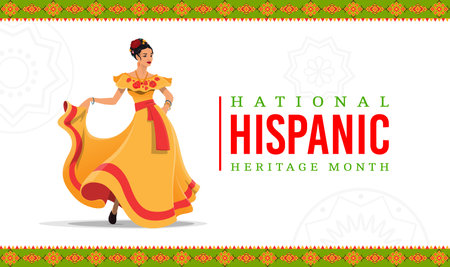 Hispanic woman dancer character and ethnic ornament. National hispanic heritage month festival banner. Latin American culture holiday, Mexican festival vector background with flamenco dancer ladyのイラスト素材