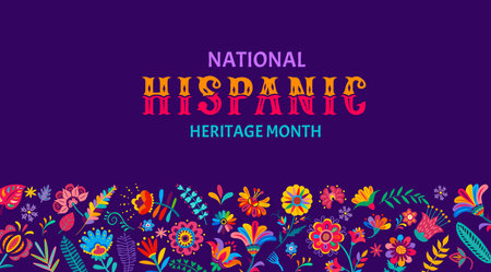 National hispanic heritage month flyer with tropical flowers pattern. Festival banner with alebrije plants. Vector event announcement for celebrating annual hispanic traditional festivalのイラスト素材