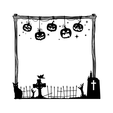 Halloween holiday black frame. Isolated vector eerie square border featuring a spooky cemetery, black cat, haunting zombie hands, crow bird, candles and grinning pumpkins. Spooky holiday decorationsのイラスト素材