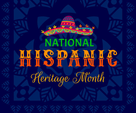 Sombrero hat with pattern on national Hispanic heritage month banner, vector background. Hispanic Americans culture, tradition and art heritage in ethnic Mexican sombrero with papel picado ornamentのイラスト素材