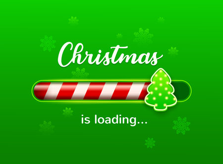 Christmas loading bar with candy cane and holiday pine tree slider. Vector Xmas or New Year load countdown on green background with snowflakes. Winter holidays coming soon greeting card or web designのイラスト素材
