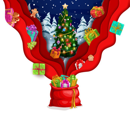 Christmas paper cut gifts bag and falling present boxes. Vector greeting card with decorated xmas tree in snowy forest, 3d layered effect red layouts, snowflakes, colorful festive designのイラスト素材