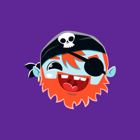 Cartoon Halloween pirate emoji character. Isolated vector rover sailor emoticon with red beard, eyepatch, spooky grin, and bandana with jolly roger skull. Funny jouyful emotion for chats and messagesのイラスト素材