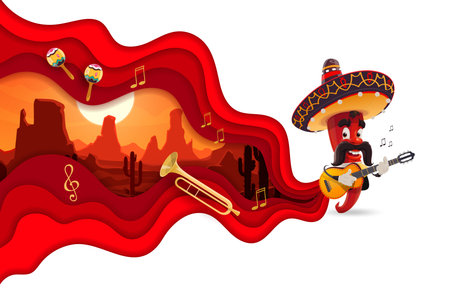 Paper cut banner with Mexican mariachi pepper and desert landscape, vector background, vector background. Mexican holiday and fiesta party banner with chili pepper in sombrero with guitar and maracasのイラスト素材