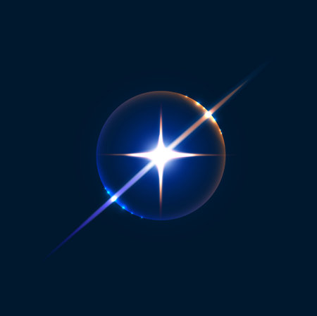 Light flare sparkle, shine flash and glow effect of star burst on vector background. Sparkle flare of shiny sun or camera flash and ray beam with golden halo flare effect of sunlight in dark blue skyのイラスト素材