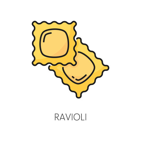 Ravioli or raviolo italian cuisine pasta with filling color outline icon. Vector ravioli squares of flour, enveloped pasta dough, food of Italyのイラスト素材