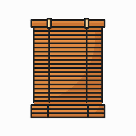 Brown sunblind shutter curtains shade, office interior closed jalousie. Vector roller jalousie, horizontal window curtains, sun shade blinds outline iconのイラスト素材