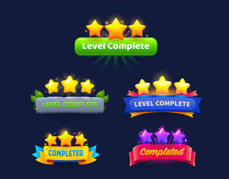 Game level complete or level up badge icons with shining stars, green leaves, stone plate and colorful ribbons or banners. Ui or gui popup screen assets, button for mobile app or game menu interfaceのイラスト素材
