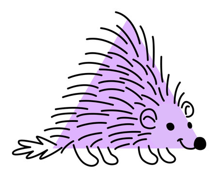 Cartoon hedgehog animal character with math shape. School kid education geometric figure, funny violet porcupine or hedgehog isolated vector triangle or pyramid shape, animal character stickerのイラスト素材