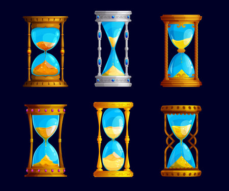 Magic sand glass clock. Isolated sandglass, hourglass. Cartoon vector vintage golden watches game asset, ancient equipment for measuring time. Stopwatch counting minutes, fantasy or historical objectsのイラスト素材