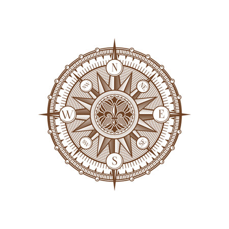 Vintage Medieval antique wind rose compass with marine navigation vector arrows. Retro wind rose compass with north, east, west and east star direction for nautical cartography and ship sailingのイラスト素材