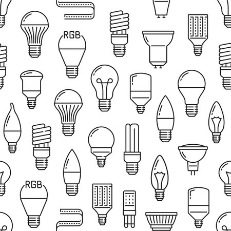 Light bulb and led lamp line seamless pattern. Wrapping paper backdrop, fabric outline vector pattern with modern energy efficient LED diode and fluorescent lamp, classic incandescent light bulbsのイラスト素材