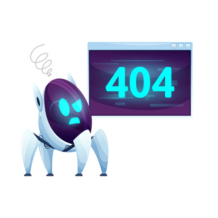 404 Page with cartoon screen and robot. Vector alarm message with confused chat bot with upset glowing face greets users and inviting them to navigate to the homepage due to site problems or errorのイラスト素材