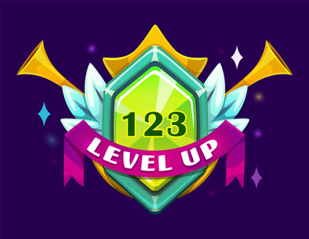Game interface level up badge and win icon. Videogame victory prize, casino achievement vector winner or game task complete symbol. Arcade level up sign with gemstone, golden crown and horns, ribbonのイラスト素材