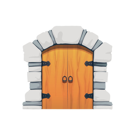 Cartoon medieval castle gate, wooden door, arch entrance with old stone frame. Vector ancient castle dungeon, house, church or cathedral portal, antique fort entry, prison or temple building doorwayのイラスト素材