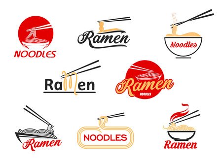 Ramen noodles icon. Japanese cuisine cafe, Asian food restaurant menu ramen noodles meal vector sign or emblem. Chinese fast food delivery or street cafe icon or symbol with chopsticksのイラスト素材