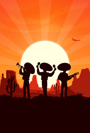 Mexican mariachi musicians silhouettes at desert sunset rays. Vector Cinco de mayo holiday celebration, trio of men wear sombrero playing maracas, guitar and trumpet at deserted dusk landscapeのイラスト素材