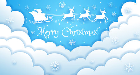 Christmas paper cut with silhouette of Santa sleigh and sky fluffy clouds. Vector xmas holiday papercut art with father Noel riding reindeer sled over blue cloudscape with layered 3d effect cloudsのイラスト素材
