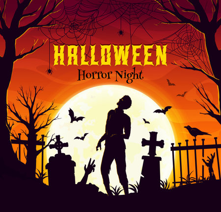 Halloween banner, zombie silhouette and flying bats on cemetery, holiday vector poster. Halloween horror night party background with dead zombie skeleton and tombstones on cemetery in haunted forestのイラスト素材