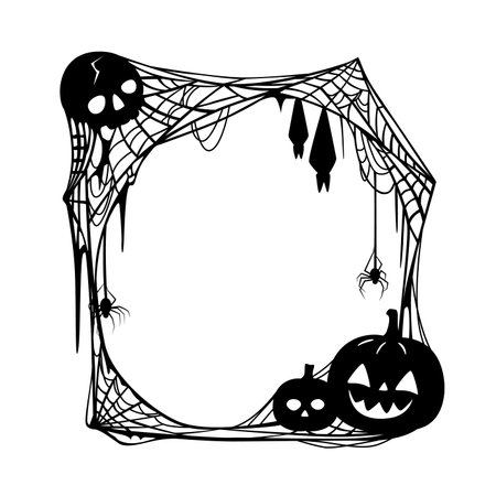 Halloween holiday black frame with skull, pumpkin and cobweb with spider, vector background. Halloween horror night greeting card or poster with border frames of bats and spooky skeleton in spiderwebのイラスト素材