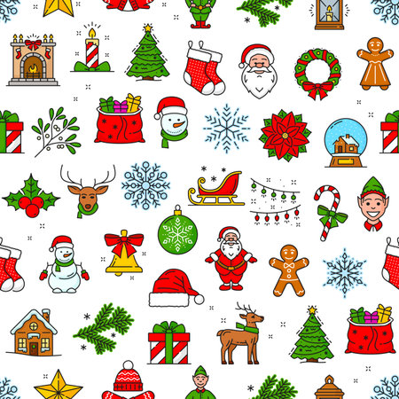 Christmas line seamless pattern. Vector tile background with Santa, wreath, snowflake, bell and gingerbread. Tree, pine branch, sack of gifts, gnome, fireplace or lantern, elf, snowman, deer and starのイラスト素材