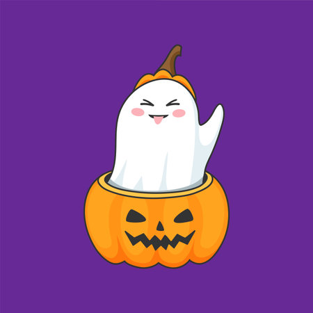 Halloween ghost, cartoon kawaii boo character smiling from pumpkin, holiday horror night vector emoji. Funny cute white ghost teasing with tongue in spooky scary pumpkin for Halloween holidayのイラスト素材